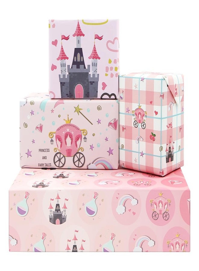 Unigift Pink Gift Wrapping Paper, 4 Folded Sheets Kraft Birthday Wrapping Paper Castle Carriage Fairy Tales Princess Magical Gift Wrap Paper 20x28 inch for Girl Women Birthday Party Baby Shower Christmas - Image 1